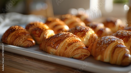 Freshly Baked Croissants on White Tray, Golden Brown Crust, Warm Light