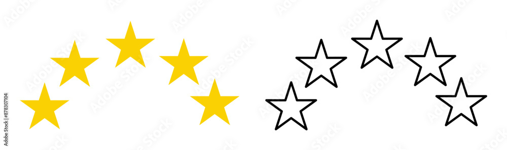 Obraz premium Quality rating symbols. A set of five-pointed yellow stars with a shadow arranged in an arc. Isolated on transparent background. Product quality assessment icons. Vector illustration.