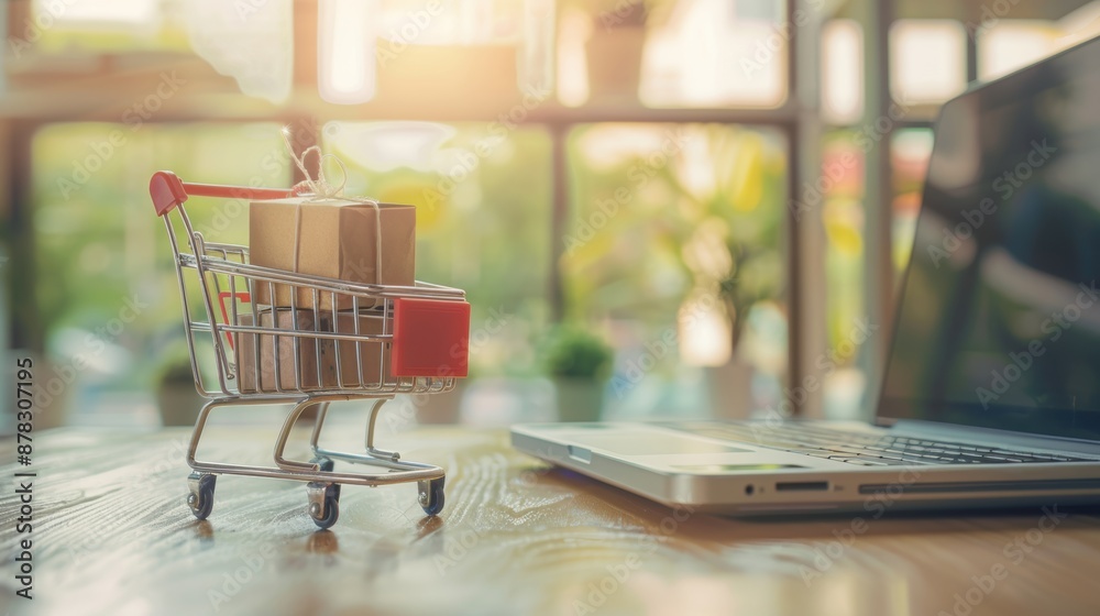 Mini shopping cart filled with gift boxes next to a laptop on a sunny desk, representing online shopping and e-commerce. Mini shopping cart filled with gift boxes next to a laptop on a sunny desk, representing online shopping and e-commerce.