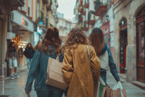 Groupe de 3 copines qui font du shopping - photos de 3 femmes de dos avec des sacs de courses
