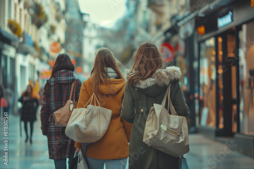 Groupe de 3 copines qui font du shopping - photos de 3 femmes de dos avec des sacs de courses