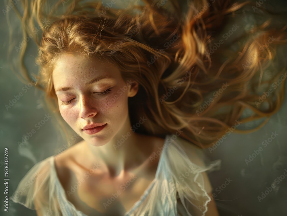 Fototapeta premium ethereal portrait of woman with flowing luminous hair soft focus and dreamy lighting create otherworldly enchanting atmosphere