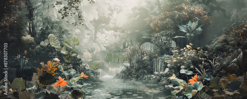 Tranquil jungle stream with lush greenery and misty atmosphere