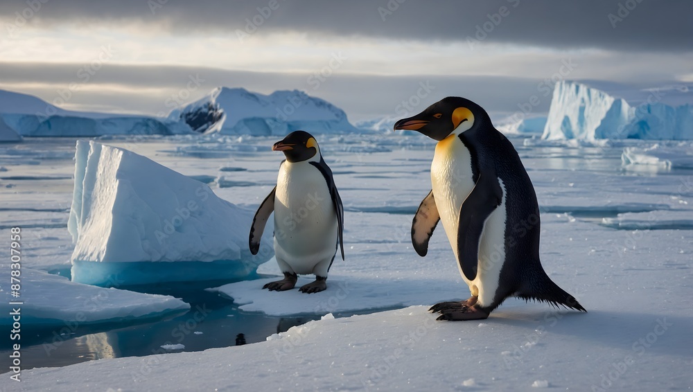 Fototapeta premium A joyful penguin couple sharing a heartwarming moment together, perhaps waddling hand in hand or exchanging affectionate gestures, surrounded by a backdrop of icy landscapes or vibrant polar .