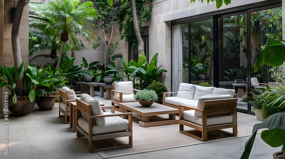 Fototapeta premium Photograph a tranquil outdoor patio with elegant, minimalist furniture and lush greenery, creating a serene and luxurious space for relaxation and reflection