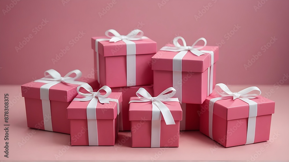 Obraz premium A set of assorted pink gift boxes with white ribbons stacked against a pink background.