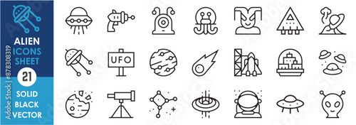 A set of line icons related to alien. UFO, gun, modern, human, alien, rocket, planet, spaceship, galaxy, telescope, city, and so on. Vector outline icons set.