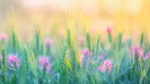 A serene wheat field with soft pink flowers in the foreground, bathed in gentle morning sunlight.