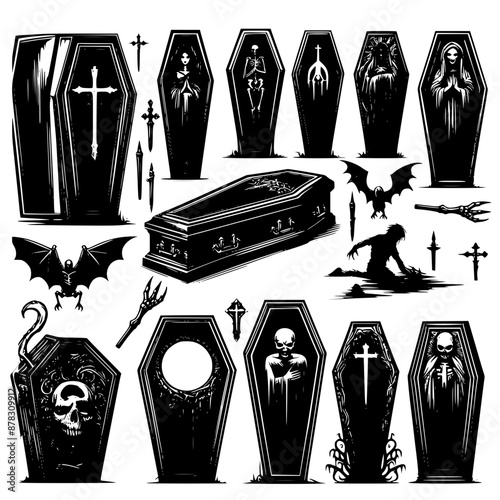 Coffins Halloween icons set