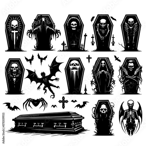 Horror Coffins set, dead man, happy halloween party, editable stroke, vector art ready for card or invitation