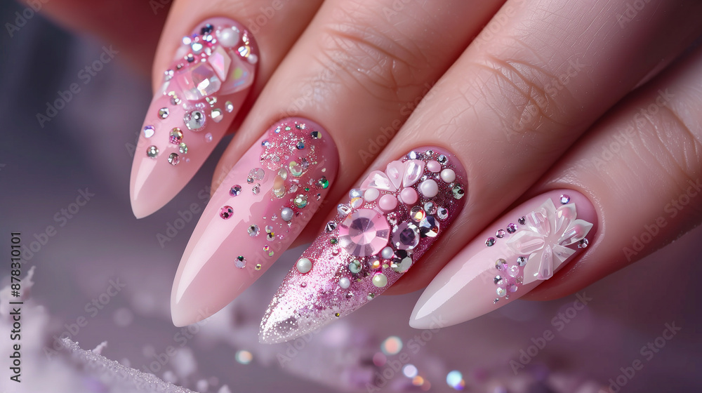 Glittery manicured nails, hand close-up Glittery manicured nails, hand close-up