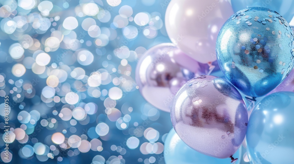 Shiny pastel balloons adorned with glitter, set against a bokeh background, creating a festive and celebratory atmosphere. Shiny pastel balloons adorned with glitter, set against a bokeh background, creating a festive and celebratory atmosphere.