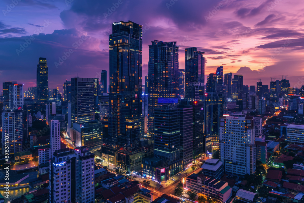 Obraz premium Aerial view of vibrant cityscape with illuminated skyscrapers against dramatic sunset sky. Office buildings in downtown and glowing city streets in the night. Nightlife of modern metropolis