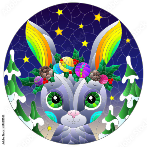 An illustration in the style of a stained glass window with a portrait of a cute rabbit, an animal against the background of the night sky and fir trees