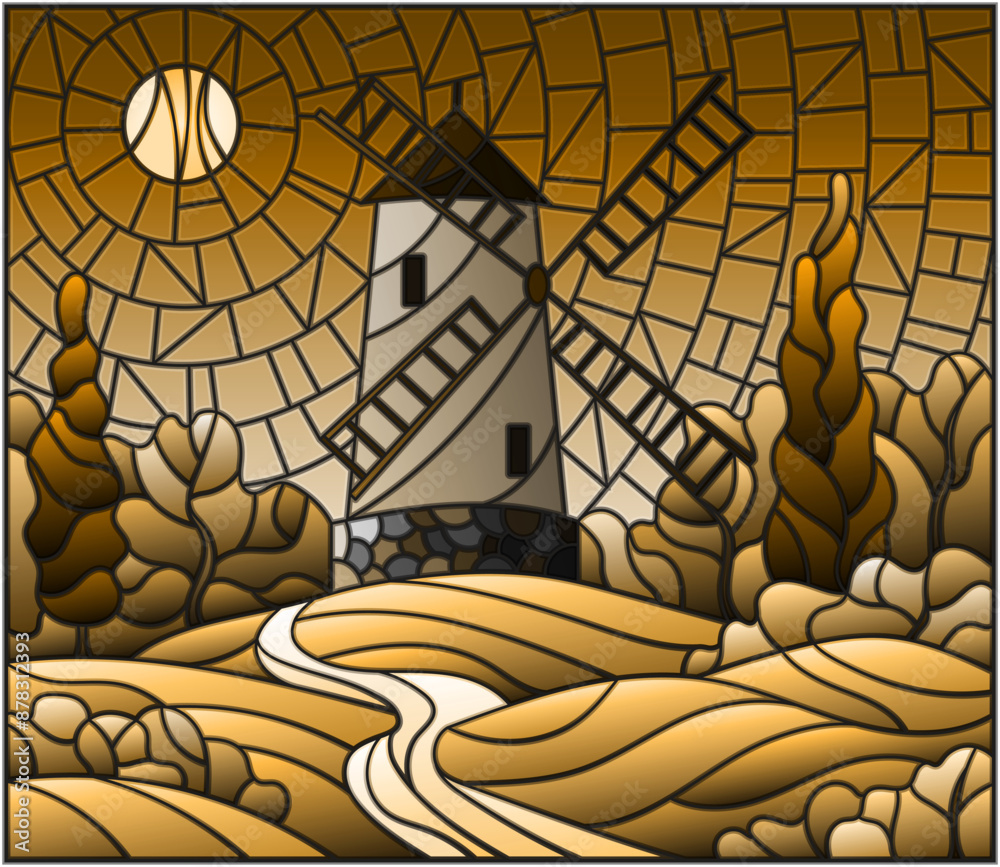 The image in the stained glass style landscape with a windmill on a background of sky and sun, tone brown The image in the stained glass style landscape with a windmill on a background of sky and sun, tone brown