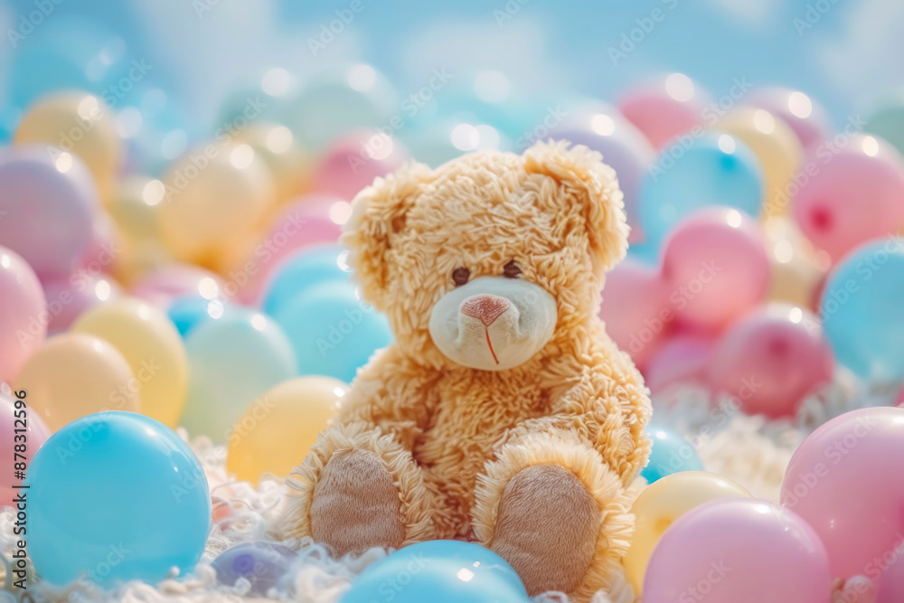 playful teddy bear surrounded by colorful balloons floating in the air in soft pastel colors playful teddy bear surrounded by colorful balloons floating in the air in soft pastel colors