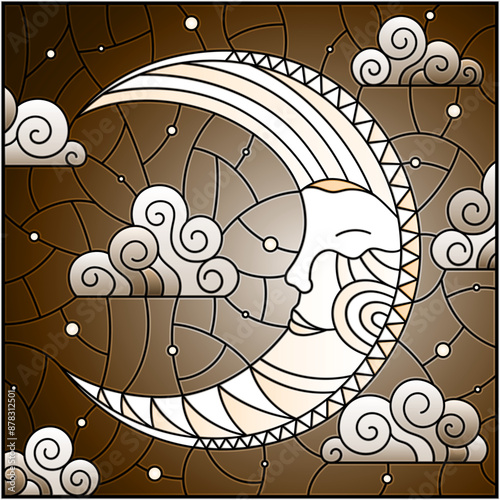 Illustration in stained glass style with moon on cloudy sky background, square picture, tone brown