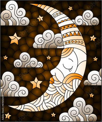 Illustration in stained glass style with moon on cloudy sky background, horizontal orientation, tone brown
