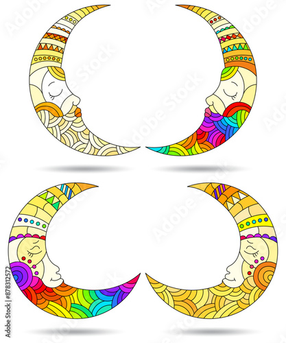 A set of stained-glass illustrations with moons with faces,  on a white background isolates