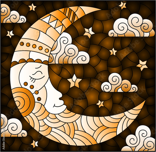 Illustration in stained glass style with moon on cloudy sky background, tone brown