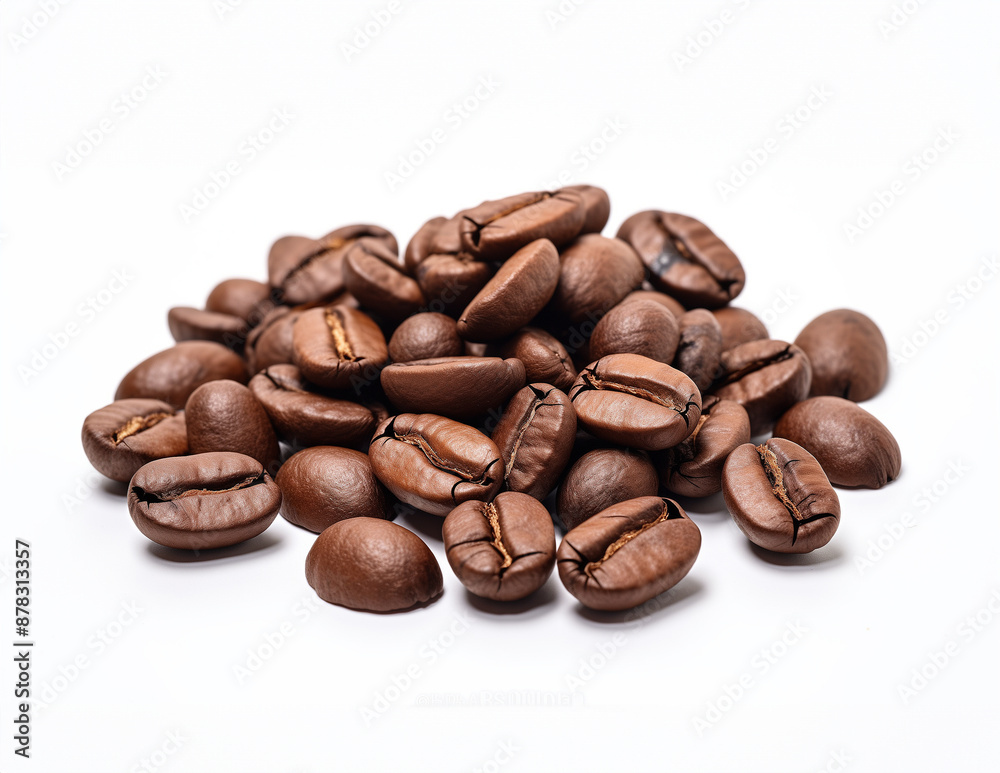 Coffee beans on white background, GenerativeAI, Closeup of coffee bean and space Coffee beans on white background, GenerativeAI, Closeup of coffee bean and space