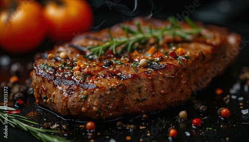 Juicy steak, a piece of grilled meat with vegetables on the fire