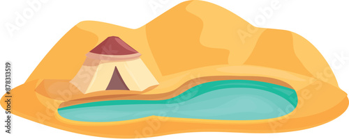 Tent set up by an oasis in the desert, providing a welcome respite from the heat and dryness