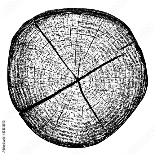 Wood texture cross section of tree rings. Cut slice of wooden stump isolated on white. Textured surface with rings and cracks. Black background made of hardwood from the forest. Vector. EPS 10.