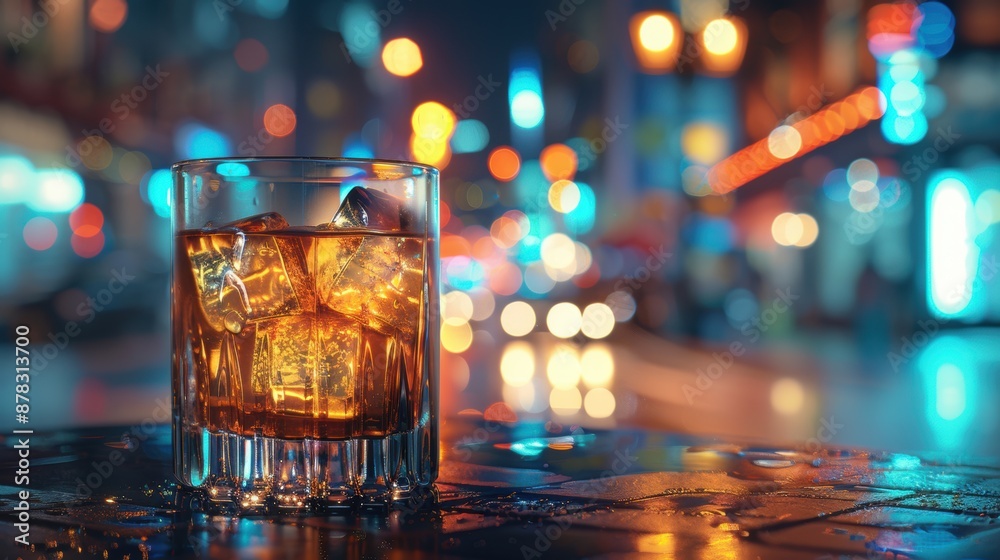 A glass of whiskey with ice on a wet table, set against a blurred night cityscape with colorful bokeh lights. A glass of whiskey with ice on a wet table, set against a blurred night cityscape with colorful bokeh lights.