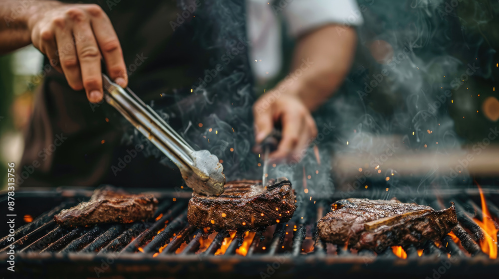 Fototapeta premium chef grilling steaks on an outdoor grill, hands close-up using tongs. The meat is well done and has charred edges with smoke rising from the flames underneath it