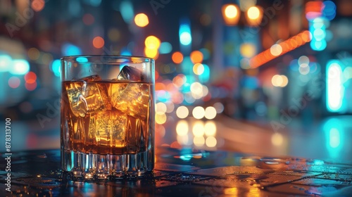 A glass of whiskey with ice on a wet table, set against a blurred night cityscape with colorful bokeh lights. © tashechka