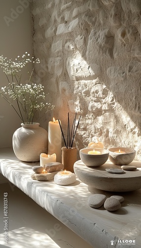 Vertical image, Meditation equipment, relaxation center, Thai massage, balancing on a stone, towel roller, flowers, candles and water for relaxation
