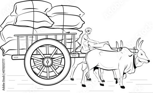 Indian Bullock Cart, farmer riding a bullock cart Indian village, Hand drawn in thin line style