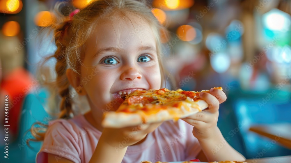 Adorable Little Girl Enjoying Pizza in a Cozy Pizzeria, Close-Up Shot