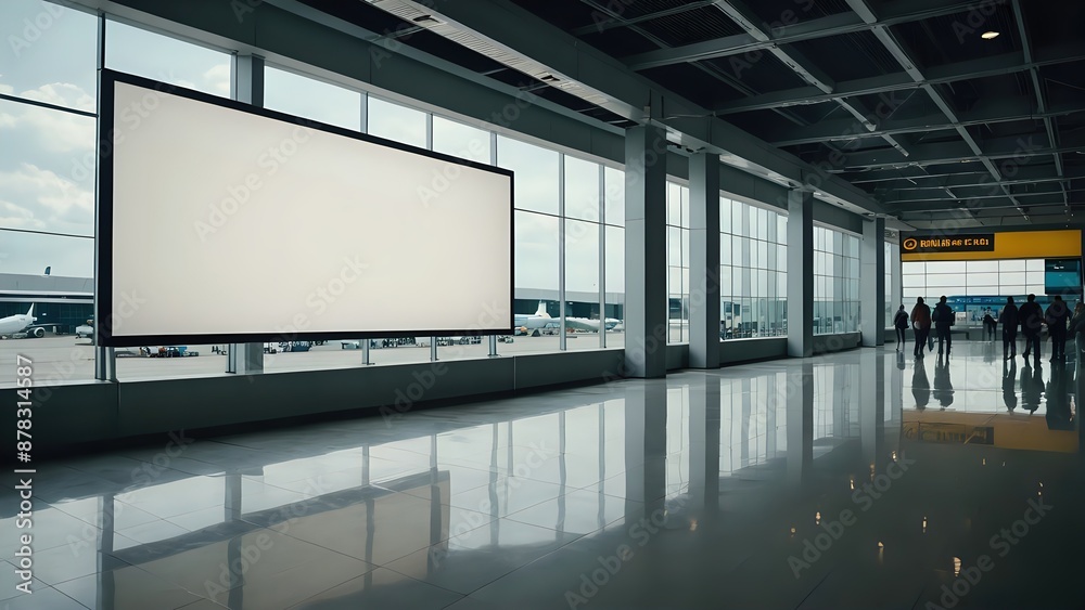 Large blank billboard in airport terminal with view of runway and planes. Large blank billboard in airport terminal with view of runway and planes.