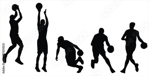 Basketball Player Vector Illustration Set, Black and White Silhouettes. Collection of Different Basketball Player Poses, Perfect for Logos, Designs, and More.