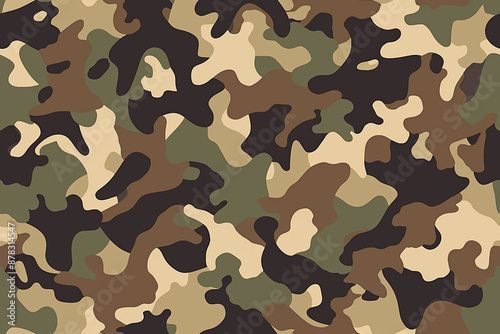 A seamless camouflage pattern in shades of green, brown, and beige. This design is perfect for military-inspired clothing and accessories.