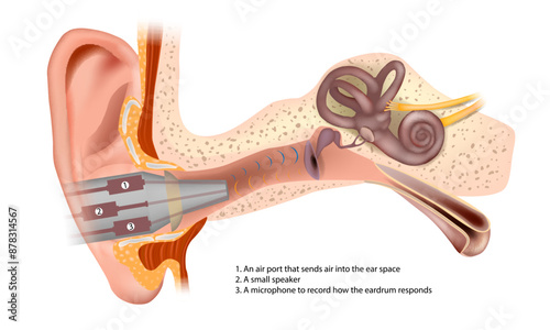 Tympanometry. Response Eardrum Testing. Air-pump-manometer,
Microphone amplifier and Delivers tone
