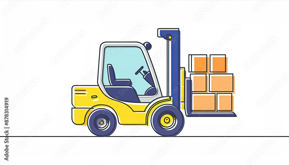 Naklejka premium Forklift truck carrying stacked boxes. Logistics delivery, warehouse and storage equipment 