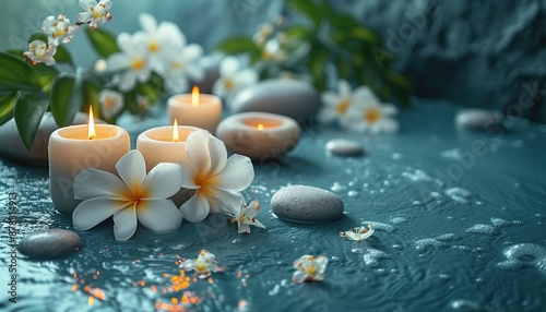 Meditation equipment, relaxation center, Thai massage, balancing on a stone, towel roller, flowers, candles and water for relaxation