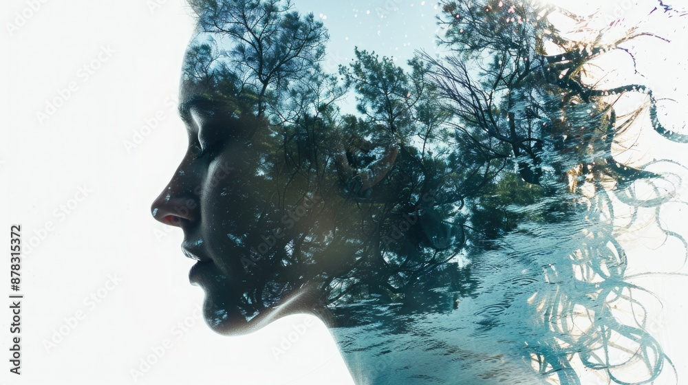 Ethereal Beauty: Double Exposure of Woman's Profile Silhouette and Underwater World on White Background Ethereal Beauty: Double Exposure of Woman's Profile Silhouette and Underwater World on White Background