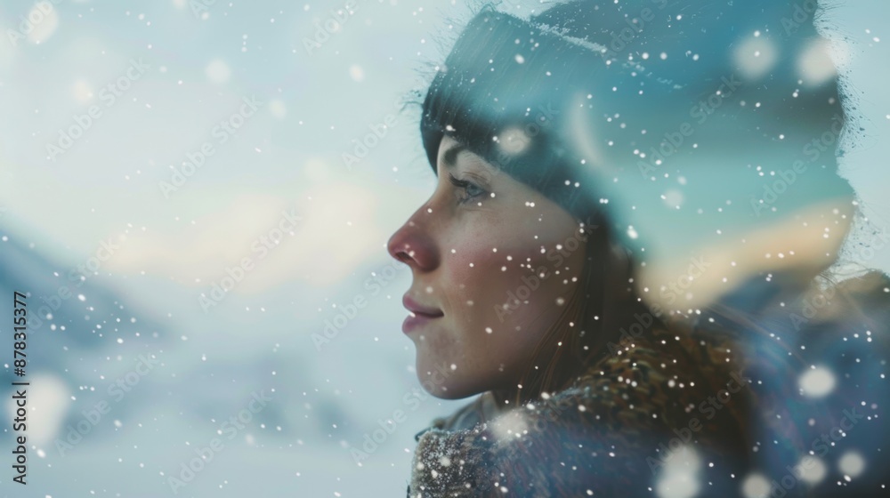 Profile of a woman dressed warmly in winter, with snowflakes gently falling around her, creating a serene and cold atmosphere. Profile of a woman dressed warmly in winter, with snowflakes gently falling around her, creating a serene and cold atmosphere.