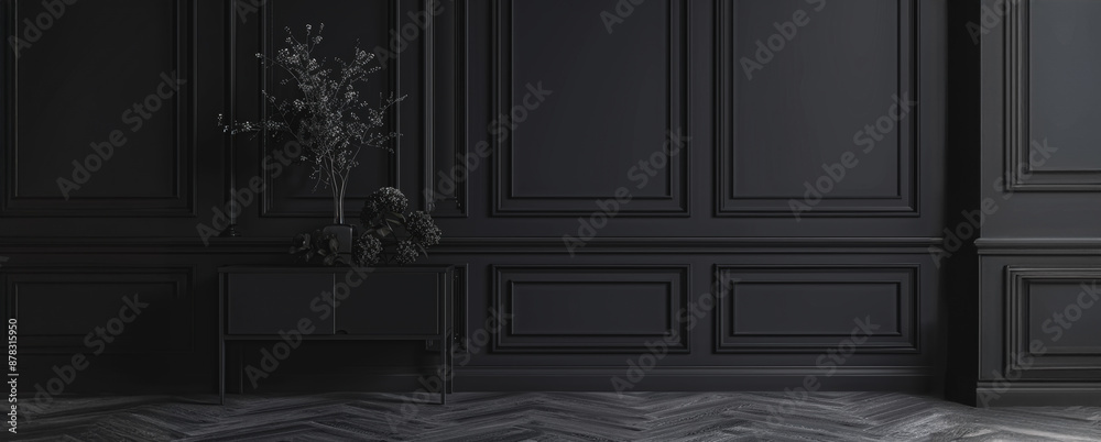 Black panelled wall with wrought iron table and flowers