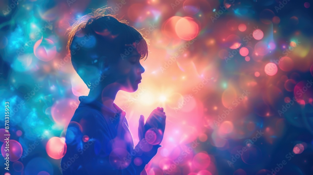 Young Boy Thanking with Vibrant Ethereal Glow in Colorful Divine Concept Young Boy Thanking with Vibrant Ethereal Glow in Colorful Divine Concept