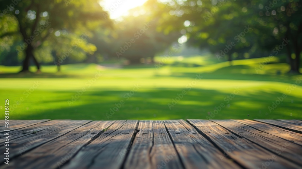Fototapeta premium A wooden deck in the foreground overlooking a green, sunlit park with trees and grassy fields in the background.