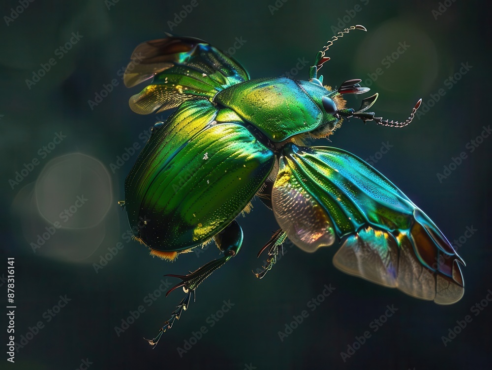 Fototapeta premium luminescent green june beetle in flight intricate details of its iridescent exoskeleton glow against a dark background highlighting its alienlike beauty