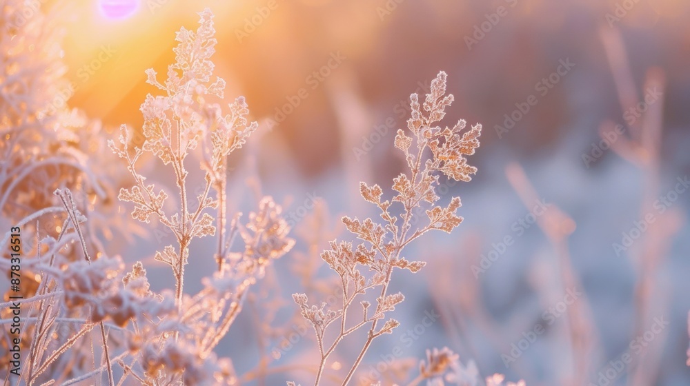 Close-up of frost-covered plants bathed in the warm light of sunrise, creating a beautiful winter scene. Close-up of frost-covered plants bathed in the warm light of sunrise, creating a beautiful winter scene.