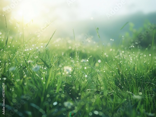 lush green landscape sunlit meadow with fresh spring grass stretching to horizon dew drops glistening subtle wildflowers soft bokeh natures renewal theme serene atmosphere