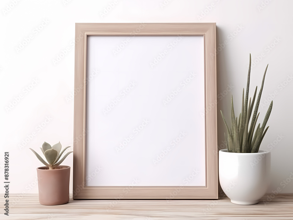 Elegant wooden frame with blank space, flanked by minimalist potted succulents on a light wooden surface. Elegant wooden frame with blank space, flanked by minimalist potted succulents on a light wooden surface.