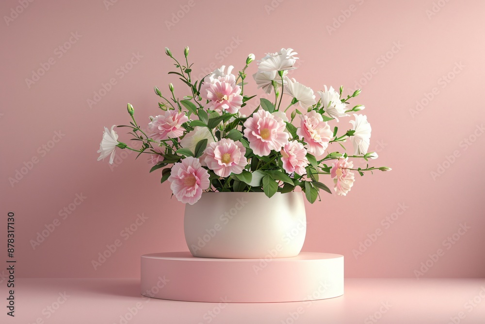 Elegant Pink and White Floral Arrangement in a White Vase on a Pink Pedestal Elegant Pink and White Floral Arrangement in a White Vase on a Pink Pedestal